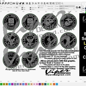 May include: A computer screen displaying a design program with ten different SVG files for cutting. The files are for the U.S. Army, Navy, Air Force, and Marines. The text on the screen reads "10 Full SVG Files Setup in the LightBurn Complete with the Cut Layers".