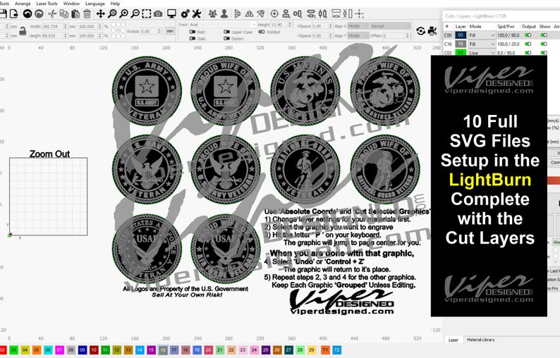 May include: A computer screen displaying a design program with ten different SVG files for cutting. The files are for the U.S. Army, Navy, Air Force, and Marines. The text on the screen reads "10 Full SVG Files Setup in the LightBurn Complete with the Cut Layers".