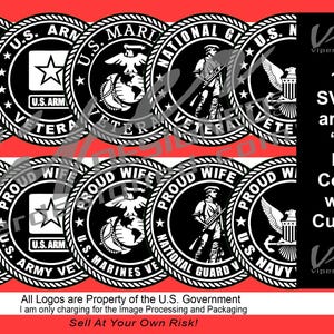 May include: Ten black and white SVG files of military branch logos, including the Air Force, Army, Marines, National Guard, and Navy. Each logo features the branch's insignia and the words "Proud Wife" and "Veteran".