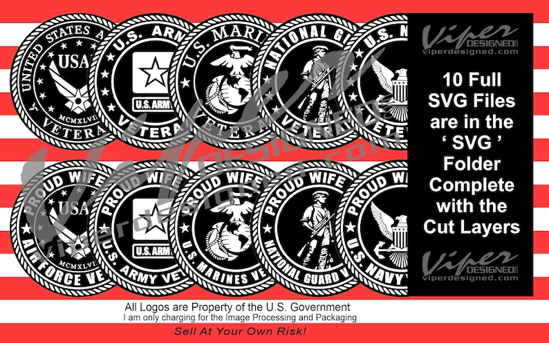 May include: Ten black and white SVG files of military branch logos, including the Air Force, Army, Marines, National Guard, and Navy. Each logo features the branch's insignia and the words "Proud Wife" and "Veteran".