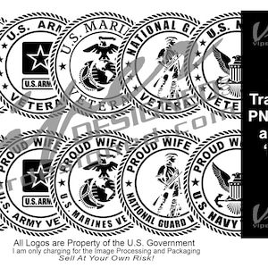May include: Black and white graphic design of 10 military branch logos. The logos include the Air Force, Army, Marines, National Guard, and Navy. Each logo features a star, a branch-specific symbol, and the words "Proud Wife" or "Veteran".