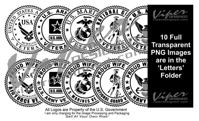 May include: Black and white graphic design of 10 military branch logos. The logos include the Air Force, Army, Marines, National Guard, and Navy. Each logo features a star, a branch-specific symbol, and the words "Proud Wife" or "Veteran".