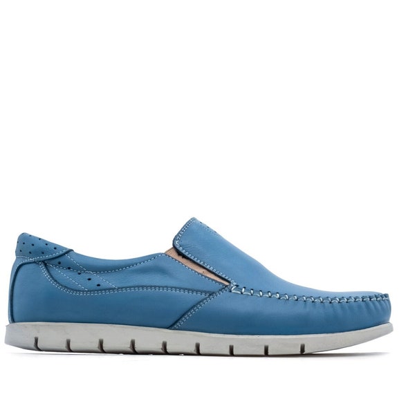 Lusco Mens Comfort Blue Full Genuine Leather Casual Slip on Daily Walking Driving Shoes with gel insole