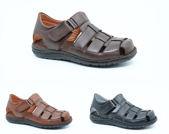 Lusco mens black real leather strap outdoor beach summer closed toe comfort  fisherman sandals