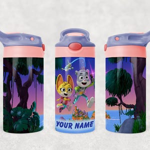 May include: A blue and pink water bottle featuring cartoon characters and the text "YOUR NAME". The bottle has a flip-top lid and a colorful design with a forest and ocean scene.