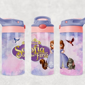 May include: A purple and pink water bottle with a straw lid. The bottle features a watercolour design with a princess, a squirrel, and a bird. The text "Disney Sofia the First" is printed on the bottle.