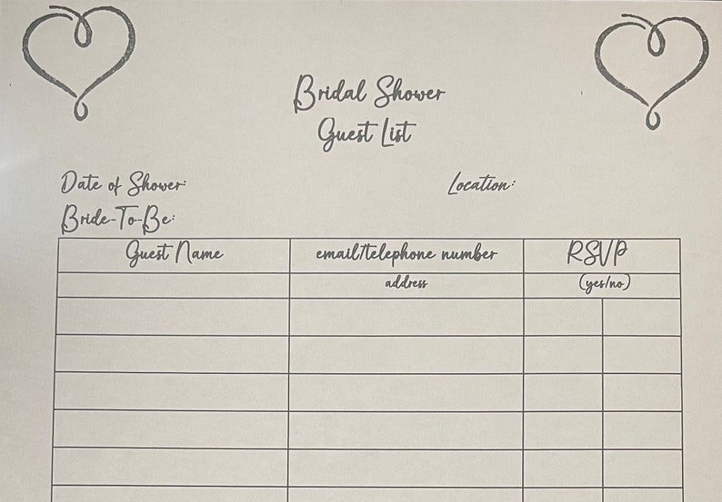 Bridal Shower Guest List Etsy