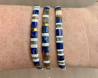 Sets of 3 multi-colored tila glass bead bracelets.