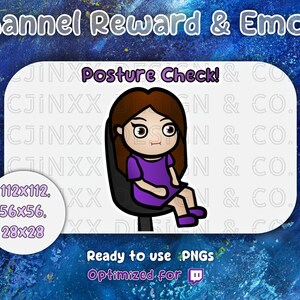 Op de afbeelding: Een digitale afbeelding met een cartoonfiguur in een paarse jurk, zittend op een stoel, met de tekst "Posture Check!". De afbeelding is geoptimaliseerd voor Twitch en is beschikbaar in drie formaten: 112x112, 56x56 en 28x28 pixels.