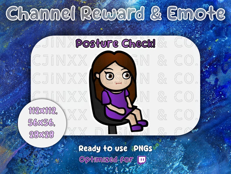 Op de afbeelding: Een digitale afbeelding met een cartoonfiguur in een paarse jurk, zittend op een stoel, met de tekst "Posture Check!". De afbeelding is geoptimaliseerd voor Twitch en is beschikbaar in drie formaten: 112x112, 56x56 en 28x28 pixels.
