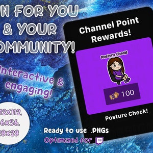 Op de afbeelding: Een digitale afbeelding met de tekst "FUN FOR YOU & YOUR COMMUNITY!" en "Interactive & engaging!". Een kaart toont "Channel Point Rewards!" en een cartoonfiguur met de tekst "Posture Check!" en "100". Geoptimaliseerd voor .PNG's.