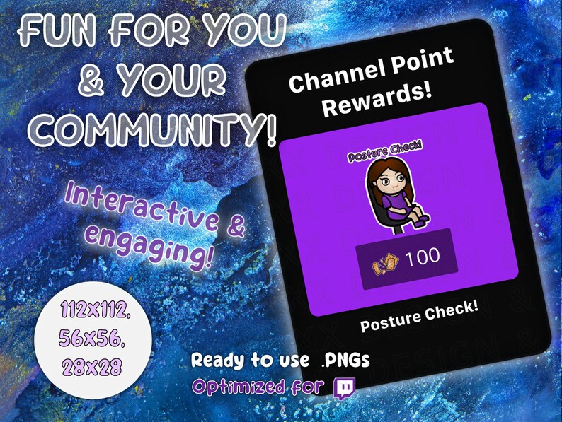 Op de afbeelding: Een digitale afbeelding met de tekst "FUN FOR YOU & YOUR COMMUNITY!" en "Interactive & engaging!". Een kaart toont "Channel Point Rewards!" en een cartoonfiguur met de tekst "Posture Check!" en "100". Geoptimaliseerd voor .PNG's.