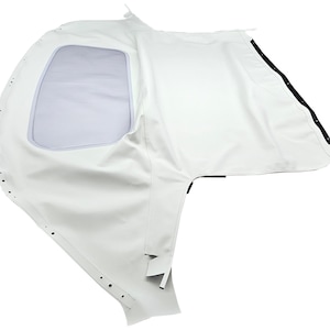 Może przedstawiać: Biały dach do samochodu kabriolet z przezroczystym plastikowym tylnym oknem.