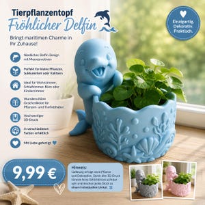 Könnte beinhalten: Ein hellblauer, delfinförmiger Blumentopf mit geprägten Meeresmotiven wie Algen, Muscheln und Seesternen. Der Topf enthält eine grüne Pflanze und wird durch kleinere Bilder ergänzt, die das gleiche Design in Grau und Rosa zeigen.