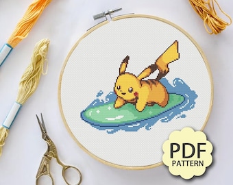 Surfing Pikachu - Pokemon - Cross Stitch Pattern PDF Downloadable