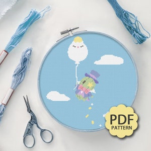 Cute Flying Cactuar with Moogle Balloon - FFXIV FF14 - Cross Stitch Pattern PDF Downloadable