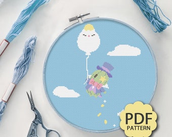 Lindo cactus volador con globo de Moogle - FFXIV FF14 - Patrón de punto de cruz PDF descargable