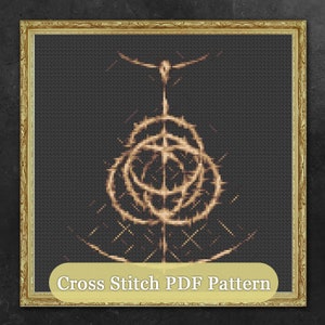 Peut inclure: Un motif de point de croix représentant une image stylisée d'une couronne d'épines avec une croix au centre. Le motif est dans des tons de brun et beige sur un fond noir. Le texte "Cross Stitch PDF Pattern" est en bas de l'image.