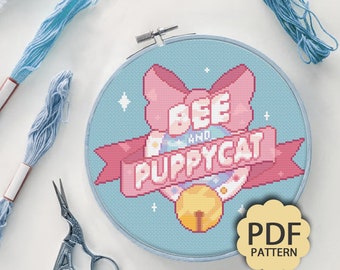 Titre du ruban - Abeille et chaton - Modèle de point de croix PDF téléchargeable