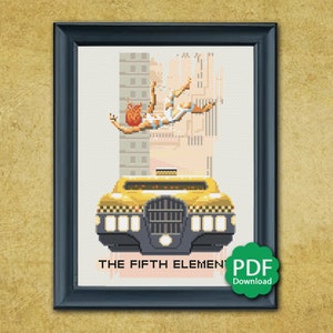 May include: Cross-stitch pattern of a yellow taxi cab with a woman falling from the sky in the background. The text "THE FIFTH ELEMENT" is below the image.