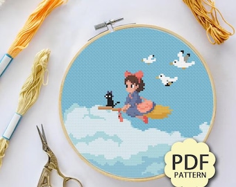 Patrón de punto de cruz descargable en PDF para el paseo en escoba de la pequeña bruja