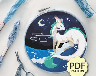 Moonlight Haku Dragon - Cross Stitch Pattern PDF Downloadable