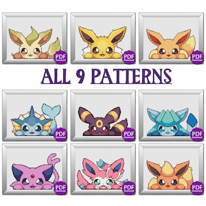 Puede incluir: Nueve patrones de pixel art diferentes de personajes Pokémon, cada uno en un marco blanco con un botón morado "Descargar PDF". Los personajes son Eevee, Vaporeon, Jolteon, Flareon, Espeon, Umbreon, Leafeon, Glaceon y Sylveon.