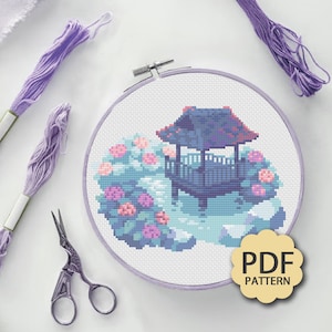 Tiny Evening Garden Pond - Nature - Cross Stitch Pattern PDF Downloadable