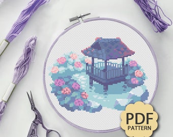 Pequeño estanque de jardín al atardecer - Naturaleza - Patrón de punto de cruz PDF descargable