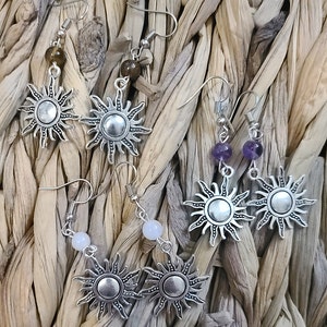 Silver Sun Crystal Dangle Earrings - Tigers Eye, Rose Quartz, Amethyst