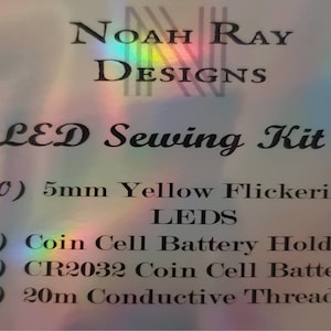 May include: A kit for sewing with LEDs, containing 10 yellow flickering 5mm LEDs, a coin cell battery holder, a CR2032 coin cell battery, and 20 meters of conductive thread.