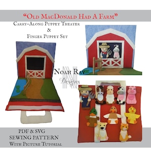 Old MacDonald Felt Finger Puppet Theater, Finger Puppet Pattern-Farm Animal Puppets-Felt Travel Playset-Finger Puppet PDF-SVG