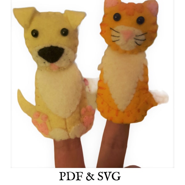 Patron de couture marionnettes à doigts chien et chat, marionnettes à doigts en feutre PDF, SVG