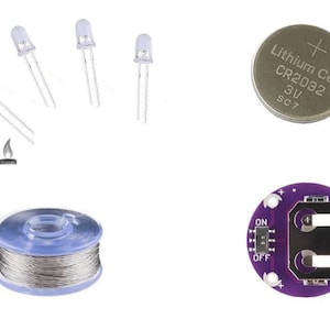 May include: A set of electronic components for a DIY project, including four white LED lights, a spool of silver wire, a purple circuit board with an on/off switch, and a silver CR2032 lithium cell battery.