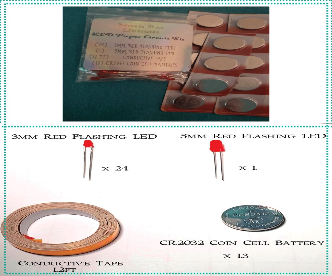 LED Paper Circuit Kit-24 3mm Red Flashing LEDS-1 5mm Red Flashing LED ...