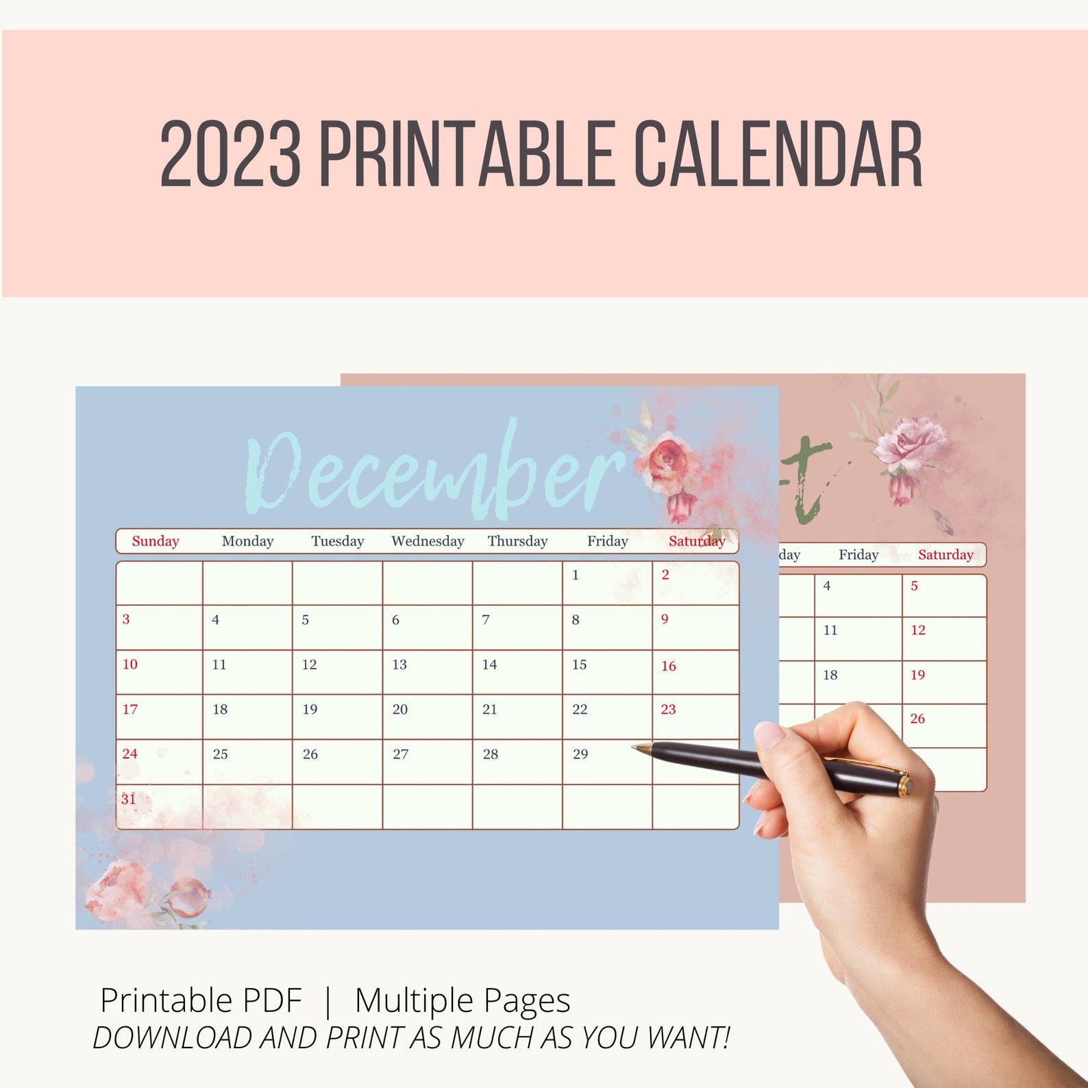 Printable 2023 Calendar, Printable Monthly Calendar 2023, Printable ...