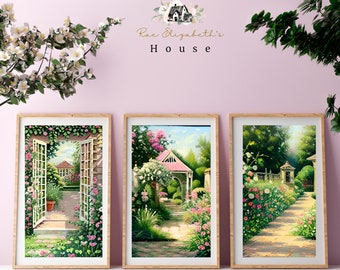 Impresión de jardín pastel rosa, arte de acuarela, arte de jardín de acuarela, impresión vintage, arte digital imprimible, impresión de jardín vintage, jardín vintage