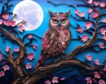 Puede incluir: Un búho de papel rosa y marrón posado en una rama con flores de papel rosa. El búho está hecho de papel y tiene un diseño detallado. El fondo es un cielo azul con una luna blanca.