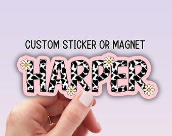Cow print name sticker Pink cow Personalized Custom Name Stickers Name magnet Water bottle sticker gift cowgirl country stickers Cow letters