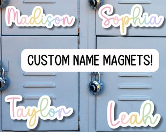 May include: Four colorful custom name magnets with names Madison, Sophia, Taylor, and Leah on a gray locker with a combination lock. The text "CUSTOM NAME MAGNETS!" is on a white rectangle.