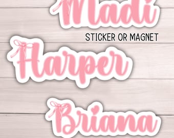 Custom name sticker Coquette Ribbon Bow Personalized name sticker pink Bow sticker bow Custom locker magnet water bottle name gift kids name