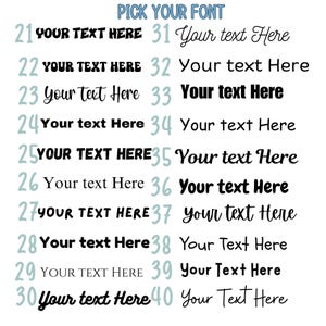 May include: A white background displays a selection of font styles. The text "PICK YOUR FONT" is at the top. Forty text samples are shown, each with the words "YOUR TEXT HERE" or "Your text Here" in various fonts and colors.
