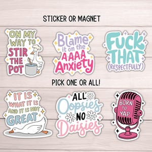 May include: Six colorful stickers with humorous phrases and illustrations. The stickers feature a goose, a microphone, and flowers. The text on the stickers includes "On my way to stir the pot", "Blame it on the AAAA Anxiety", "Fuck that (respectfully)", "It is what it is and it is not great", "All Oopsies No Daisies", and "Born to Yap".