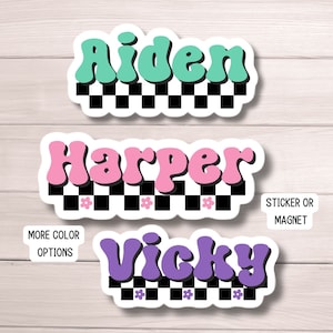 May include: Three personalized name stickers with a retro design. The names are Aiden, Harper, and Vicky. Each name is in a colorful, bubbly font with a black and white checkered pattern underneath. The stickers are available as either a sticker or a magnet.