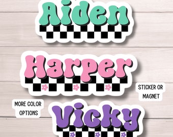 Custom name sticker Retro font name sticker Checkered Name sticker Personalized name Water bottle sticker name Kids name sticker Retro name