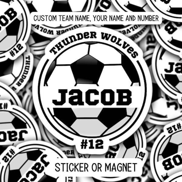 Custom name soccer sticker, soccer team gifts, soccer team names, personalized soccer magnet, locker magnet, Soccer team sports sticker kids