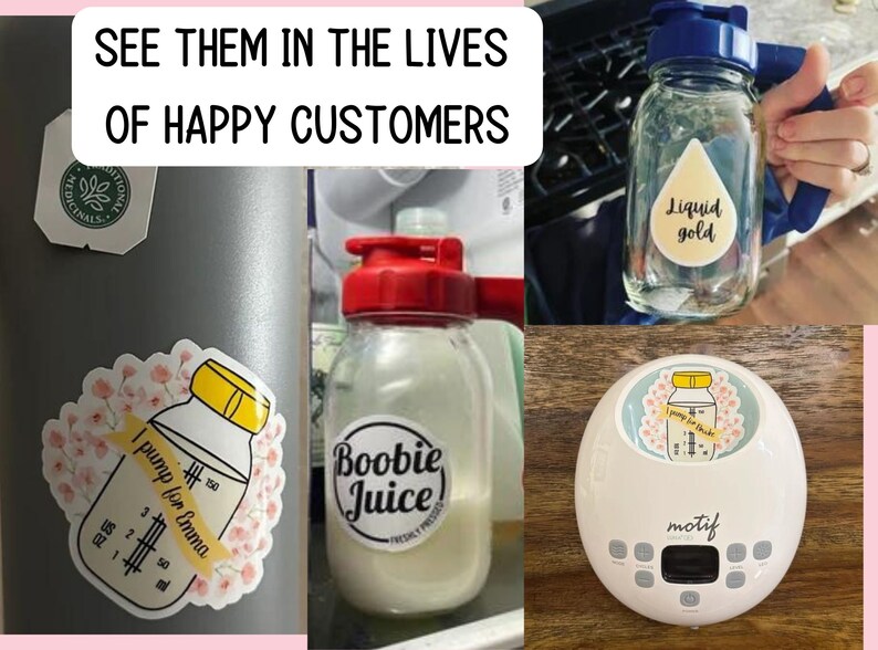 May include: Three glass bottles with labels that say "Liquid Gold", "Boobie Juice", and "I pump for Emma". A white electric breast pump with a digital display and the word "motif" printed on it.