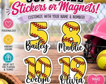 Custom Softball Name Number Sticker or Magnet: Personalized Team Gift Script Font