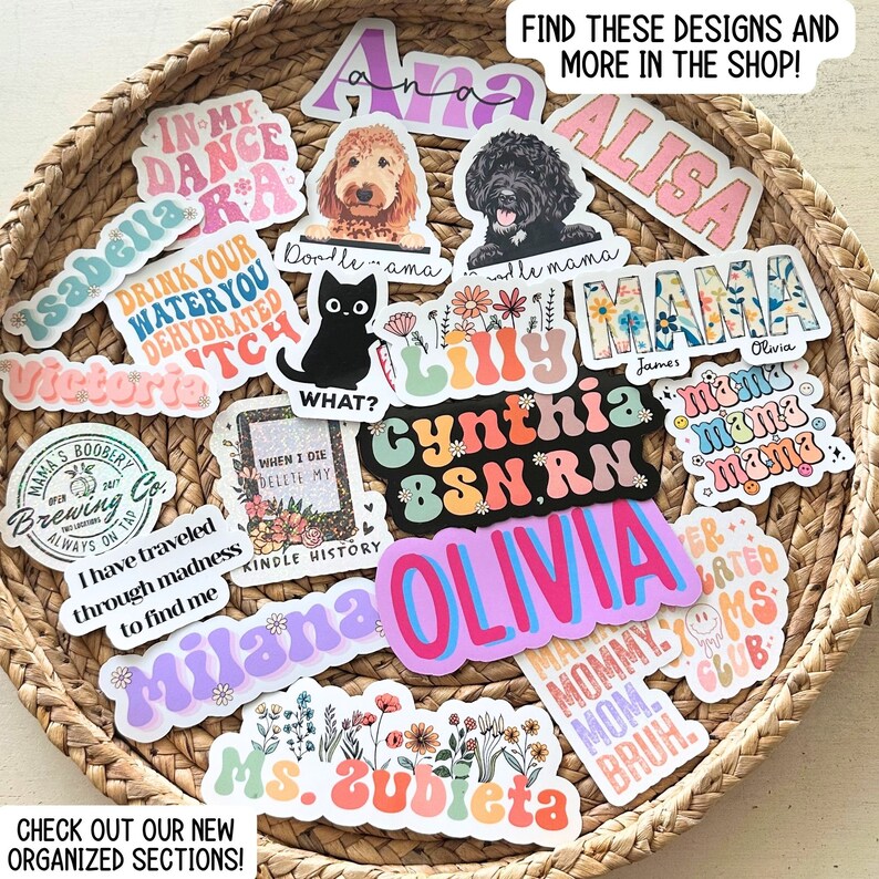 a basket filled with lots of different types of stickers