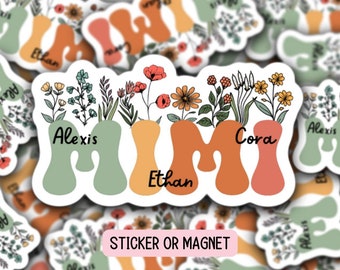 May include: A set of four colorful stickers with the names "Alexis", "Ethan", "Cora", and "Ethan" written in a whimsical font. Each sticker features a green, orange, or pink background with a floral design. The stickers are labeled "STICKER OR MAGNET".